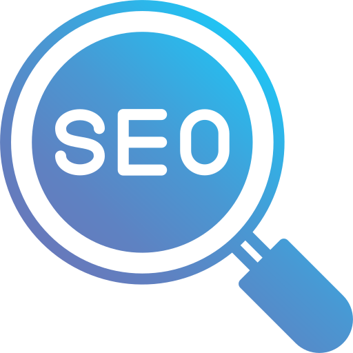 Blue magnifying glass with SEO text icon